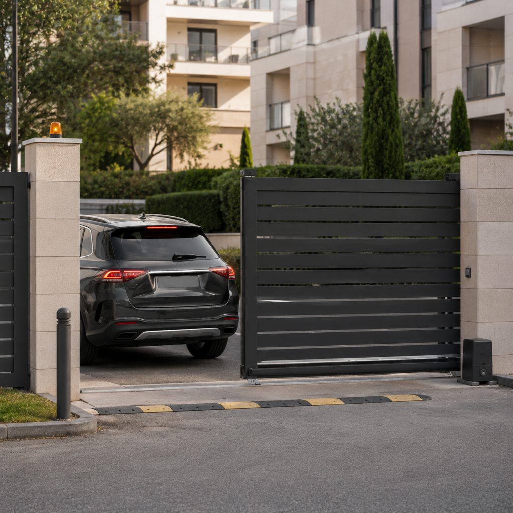 Portail automatique motorisé assurant le contrôle des accès véhicules.